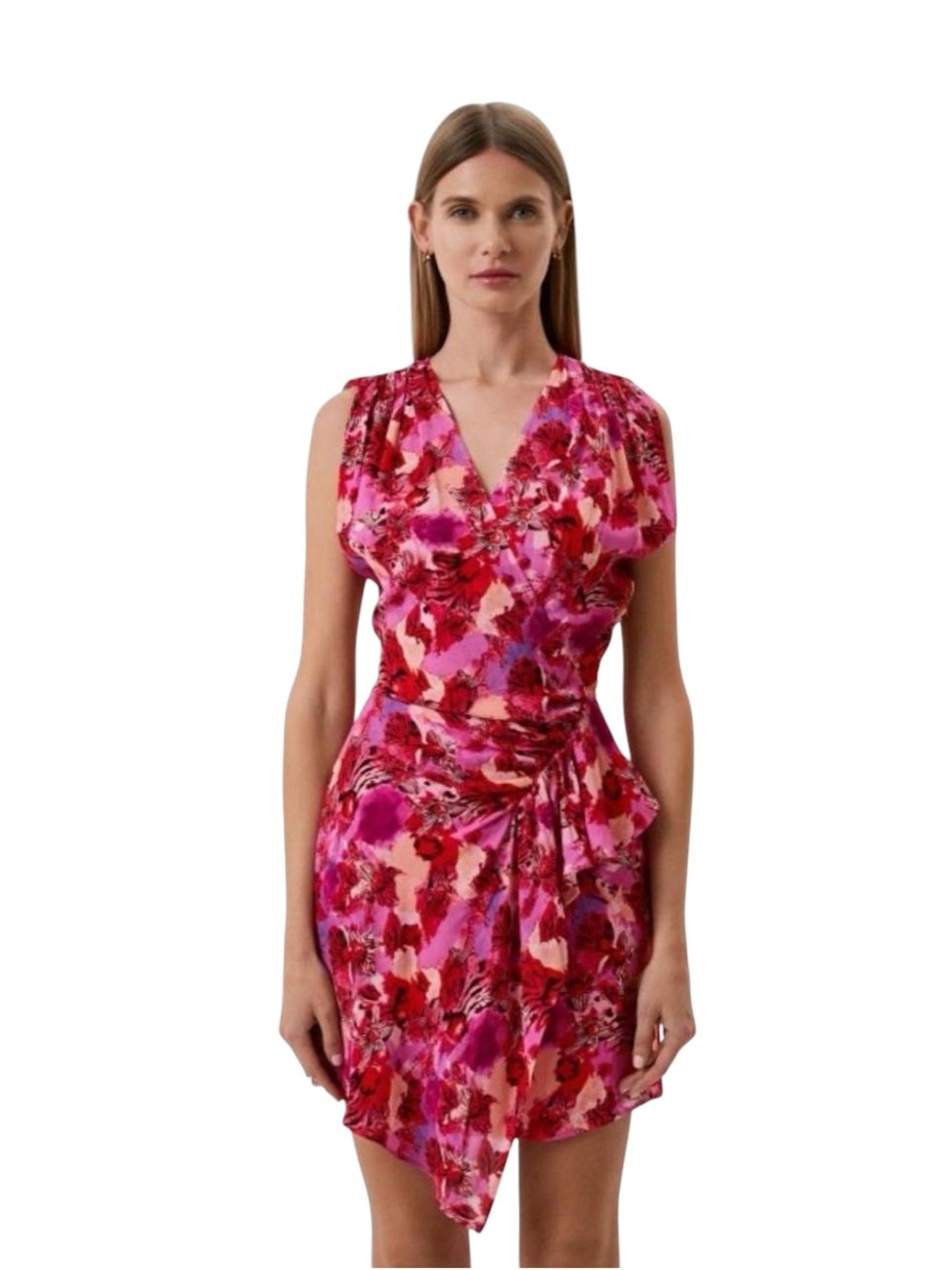 NWT IRO Otilda Dress in pink-red featuring an abstract floral print